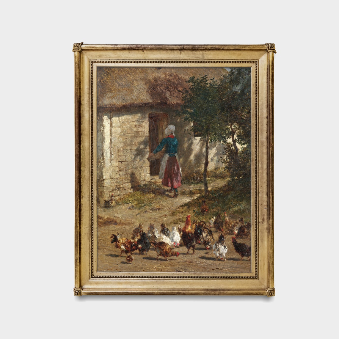 Woman Feeding Chickens at a Sunlit Thatched Stone Cottage Poster - Image 2