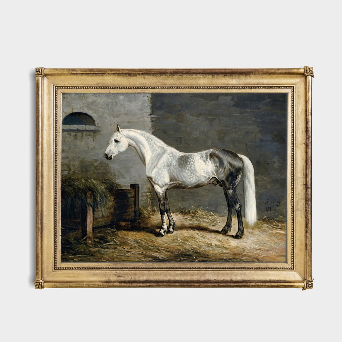 Dapple Grey Horse in a Stable Yard 1871 Antique Equestrian Poster - Image 2