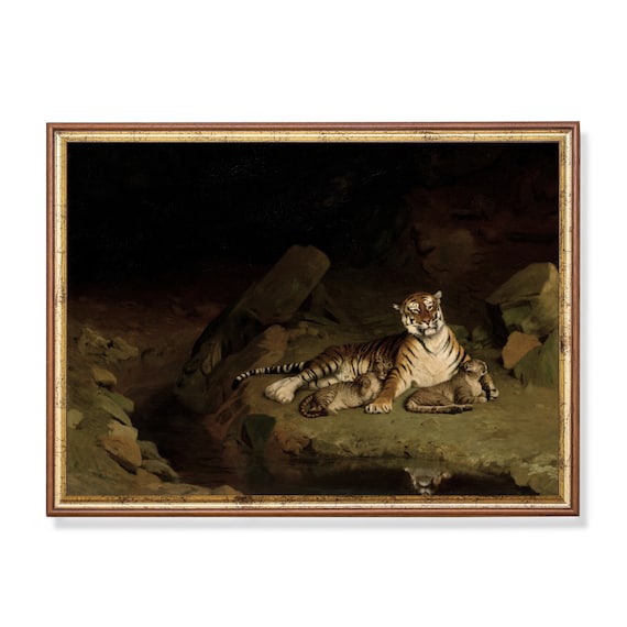 Tigress With Two Cubs Resting Vintage Wildlife Painting Poster