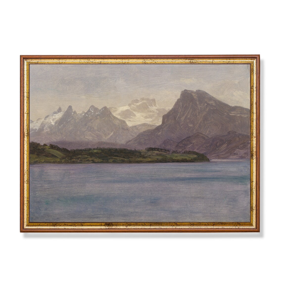 Vintage Alpine Lake With Snow-Capped Peaks Painting Art Poster