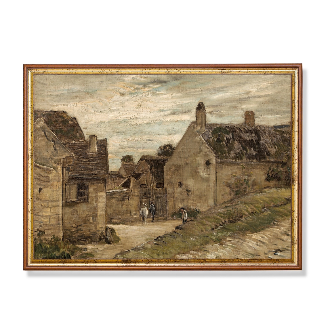 Old Stone Village Street with Figures Antique French Landscape Poster