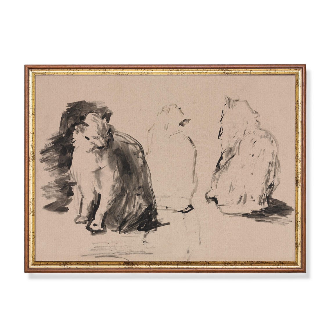 Ink Wash Sketch Study of Two Seated Cats Feline Drawing Poster