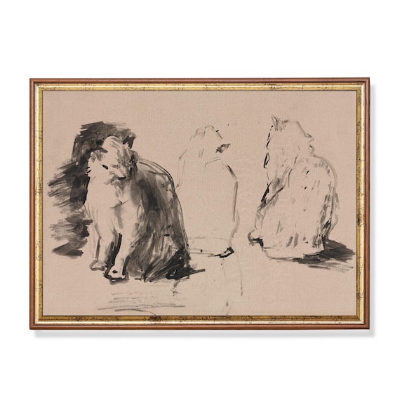 Ink Wash Sketch Study of Two Seated Cats Feline Drawing Poster