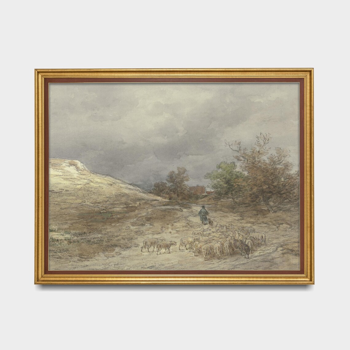 Shepherd With A Flock Of Sheep On The Moor Watercolor Poster - Image 5