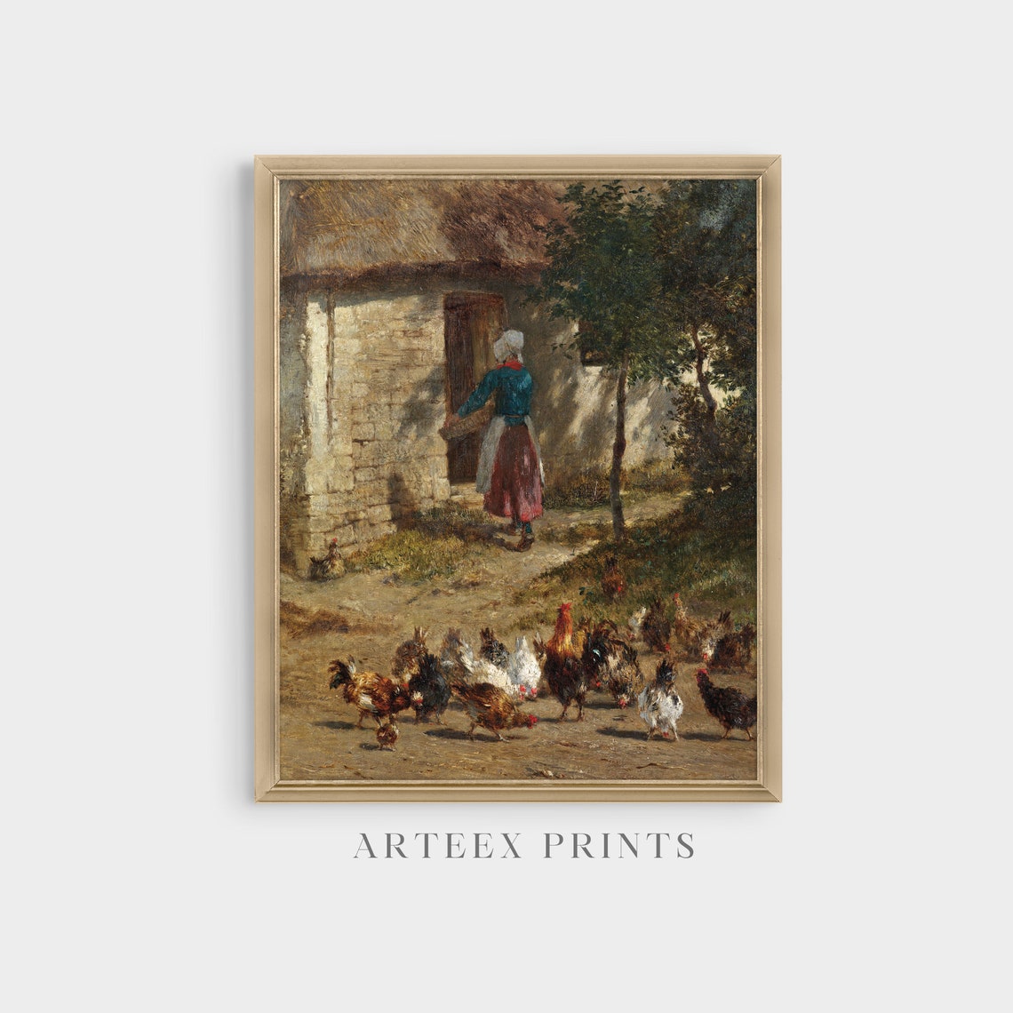 Farm Woman Feeding Chickens at a Thatched Cottage Vintage Poster - Image 5