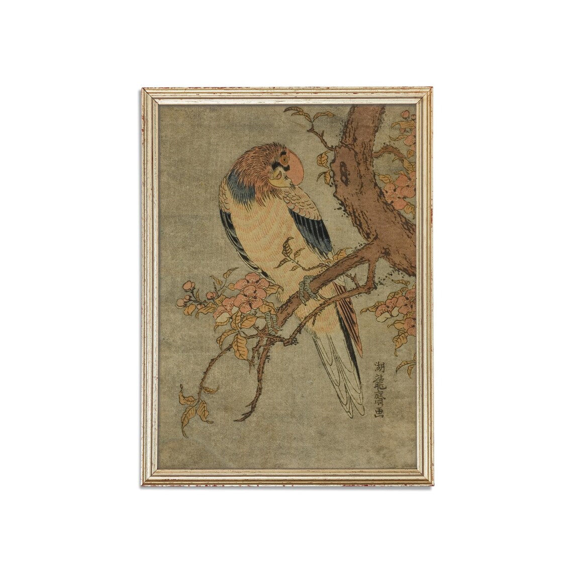 Japanese Woodblock Parrot on Flowering Branch Vintage Bird Poster - Image 2