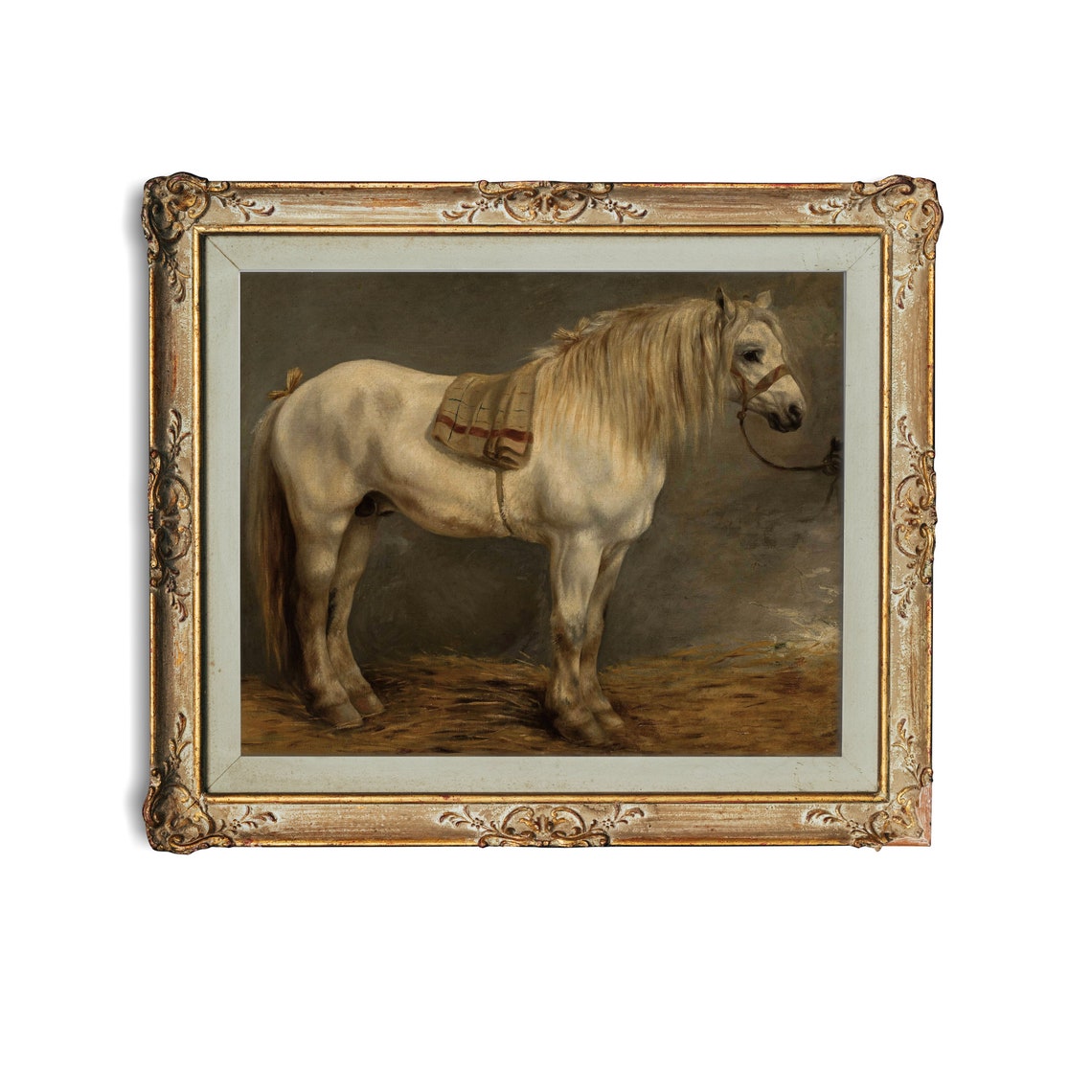 White Draft Horse in a Stable Vintage Equestrian Portrait Poster - Image 4