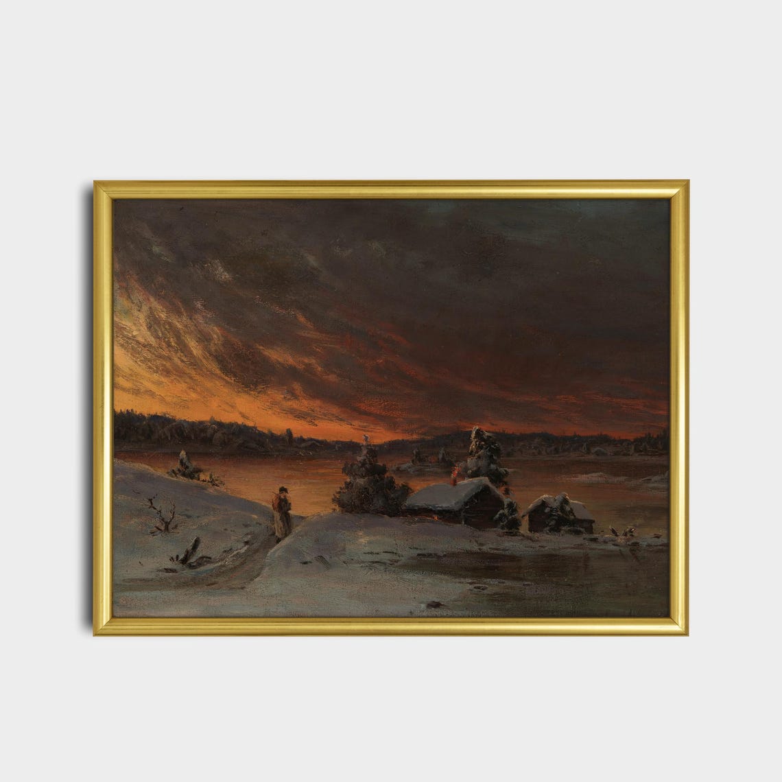 Fiery Winter Evening Sunset over a Frozen River with Cabins Poster - Image 2