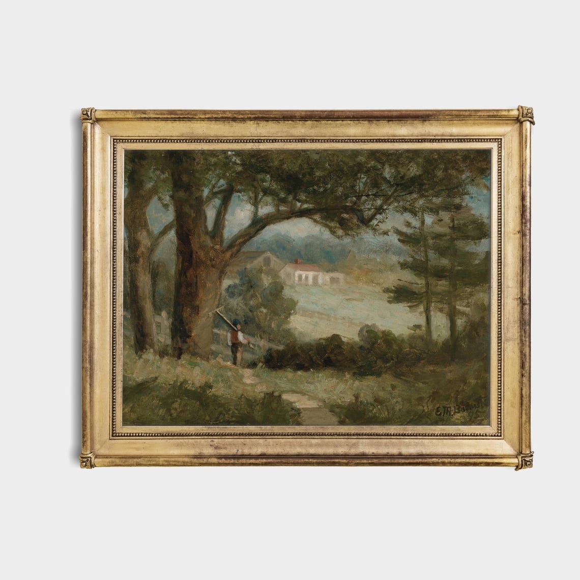 Farmer on Path to Farmhouse Through Tall Trees Vintage Poster - Image 4