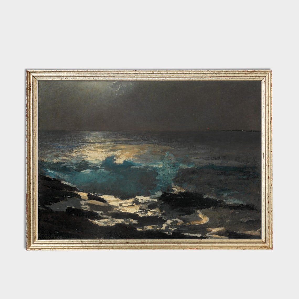 Moonlight Seascape Painting Ocean Beach Print Vintage Home Decor Antique Art Print Dark Moody Rustic - Image 2
