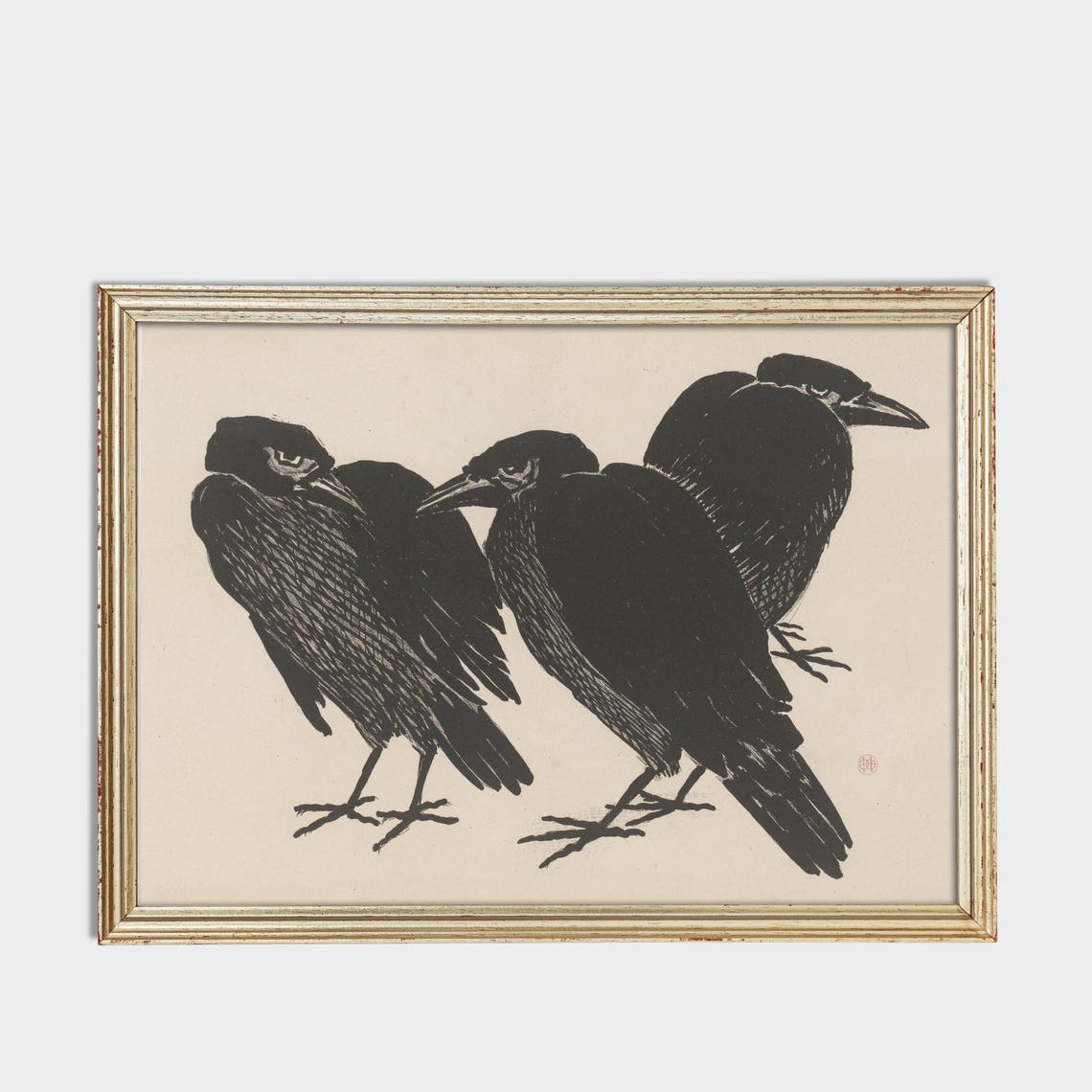 Three Crows Bold Japanese Ink Drawing Antique Bird Art Poster - Image 3