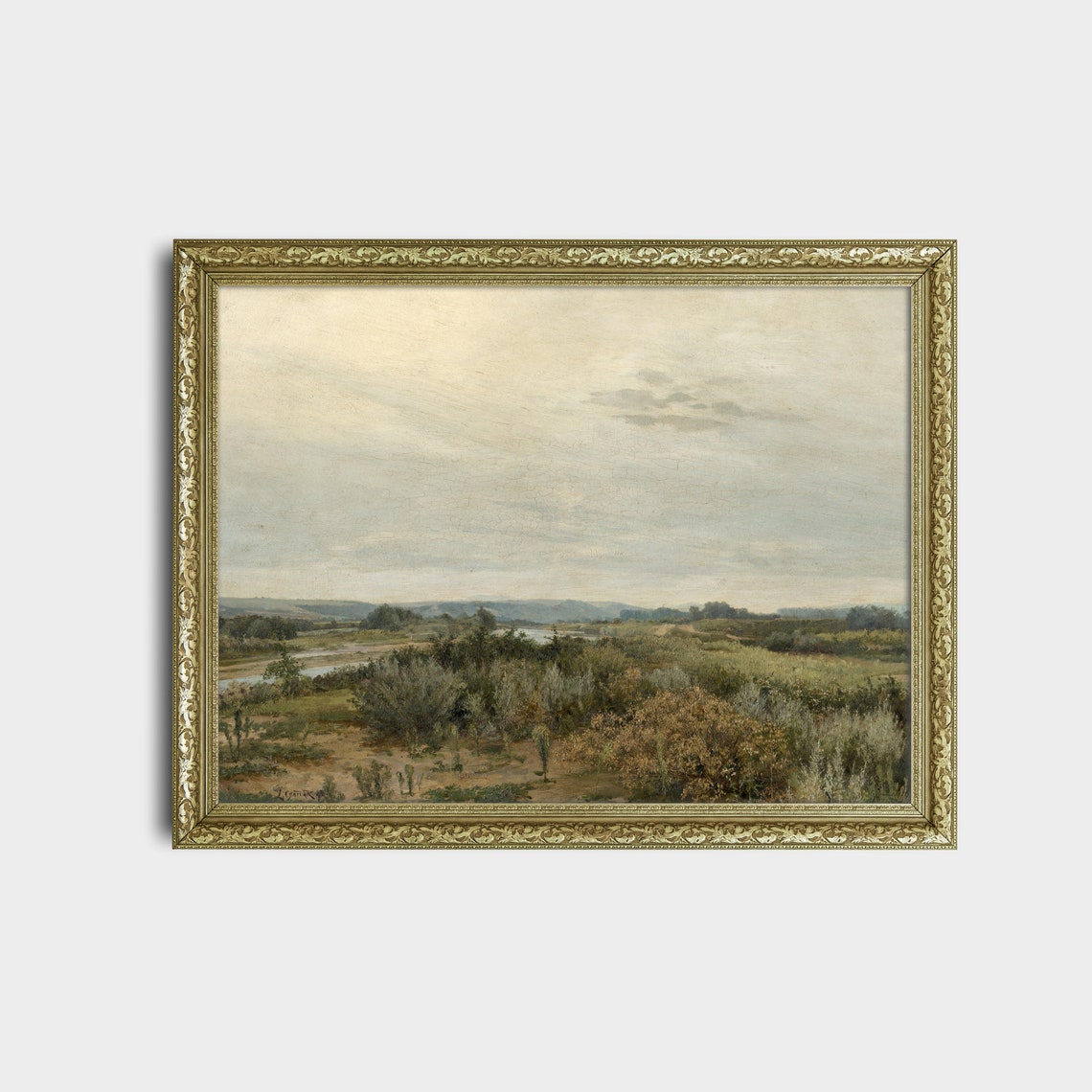 Tranquil Antique River Valley Beneath a Vast Pale Sky Oil Poster - Image 2