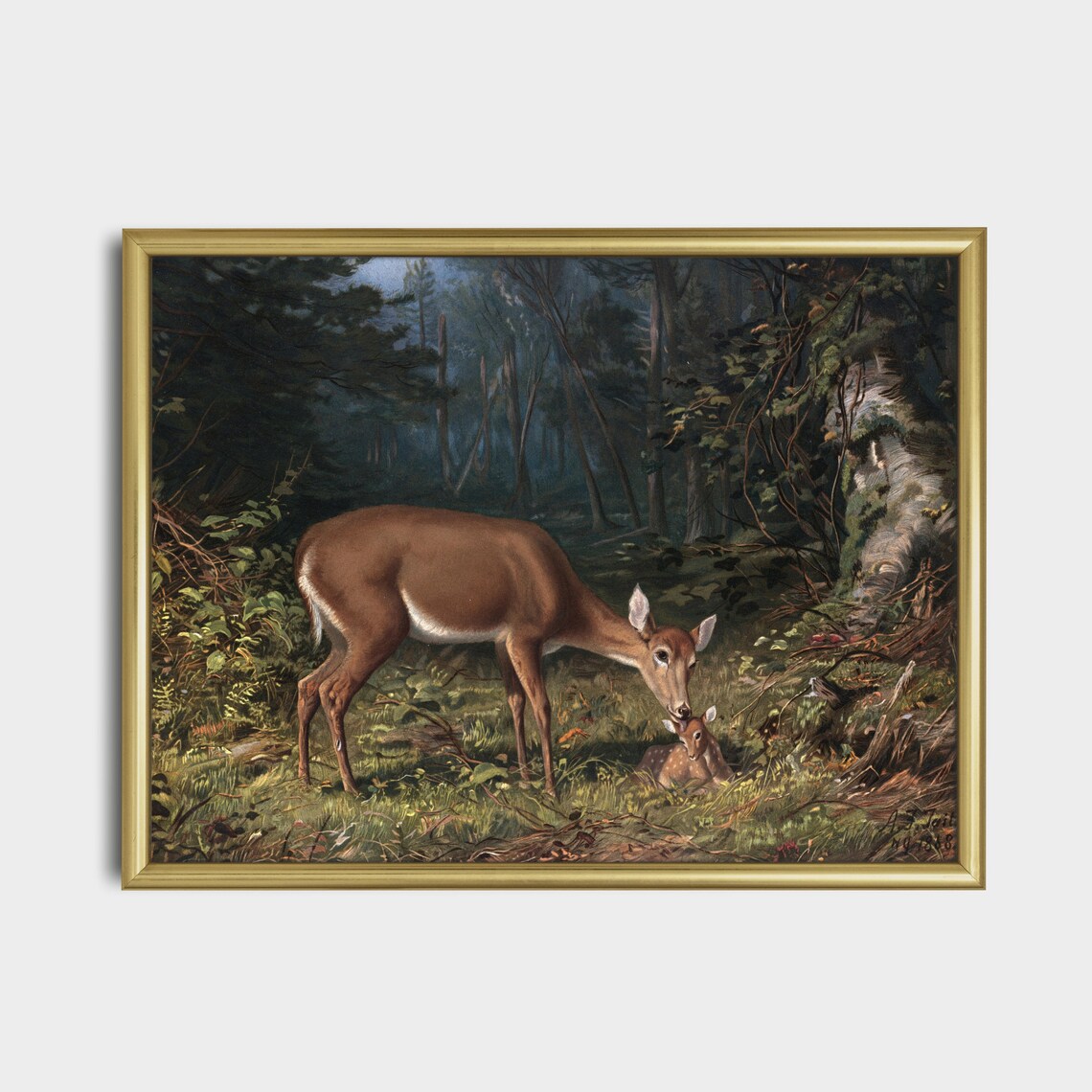 Doe and Fawn in a Moonlit Forest Antique Deer Painting Poster - Image 3