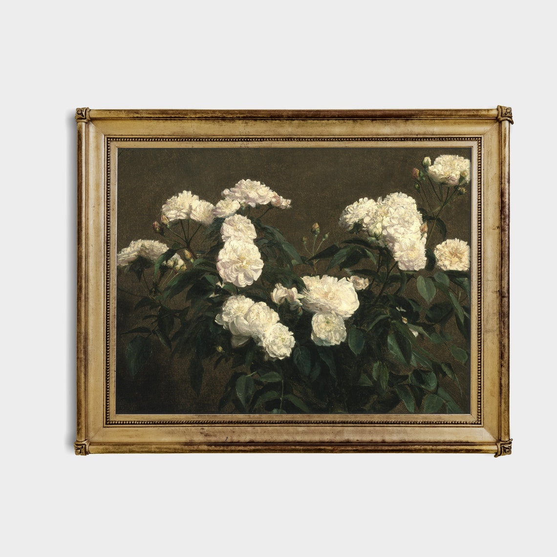 White Roses Against a Dark Olive Ground Still Life Oil Poster - Image 3