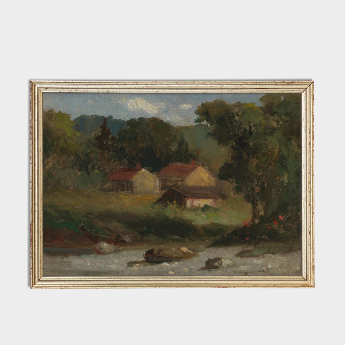 Impressionist Country Cottages By The River Landscape Art Poster - Image 2