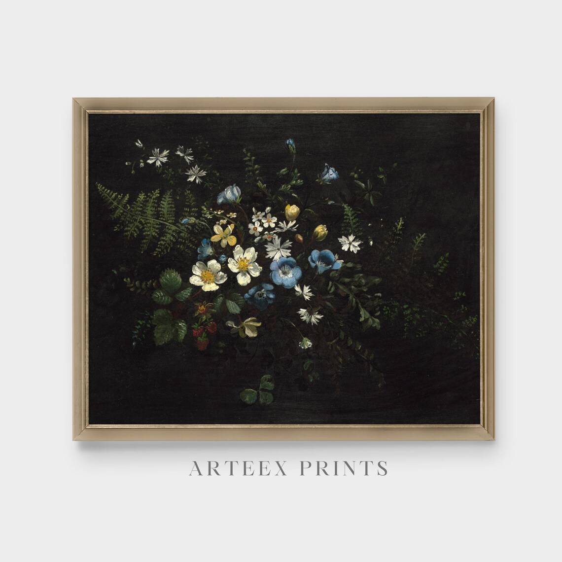 Wildflowers and Ferns on Black Vintage Still Life Painting Poster - Image 5