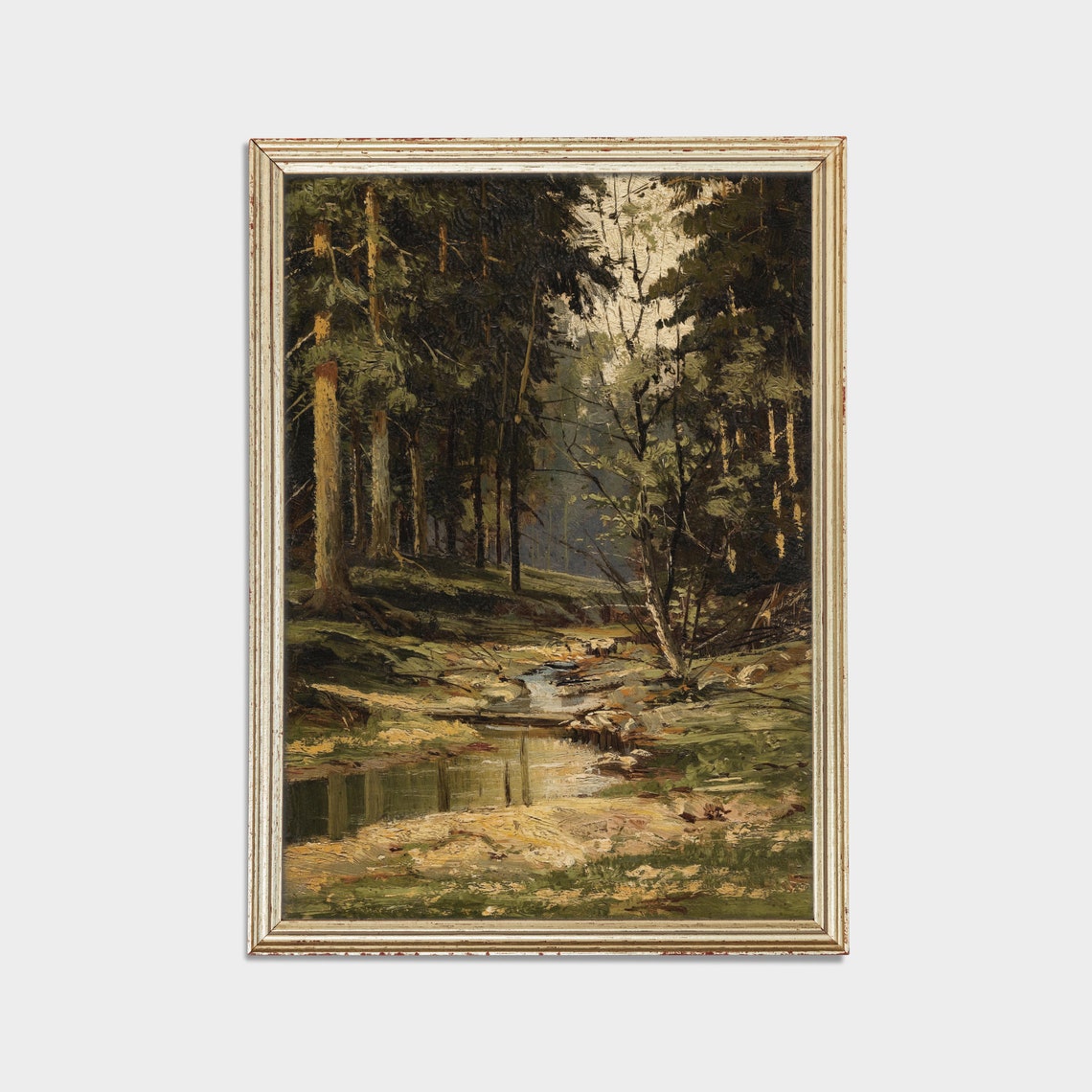 Dark Pine Forest with Stream Moody Woodland Landscape Painting Poster - Image 2