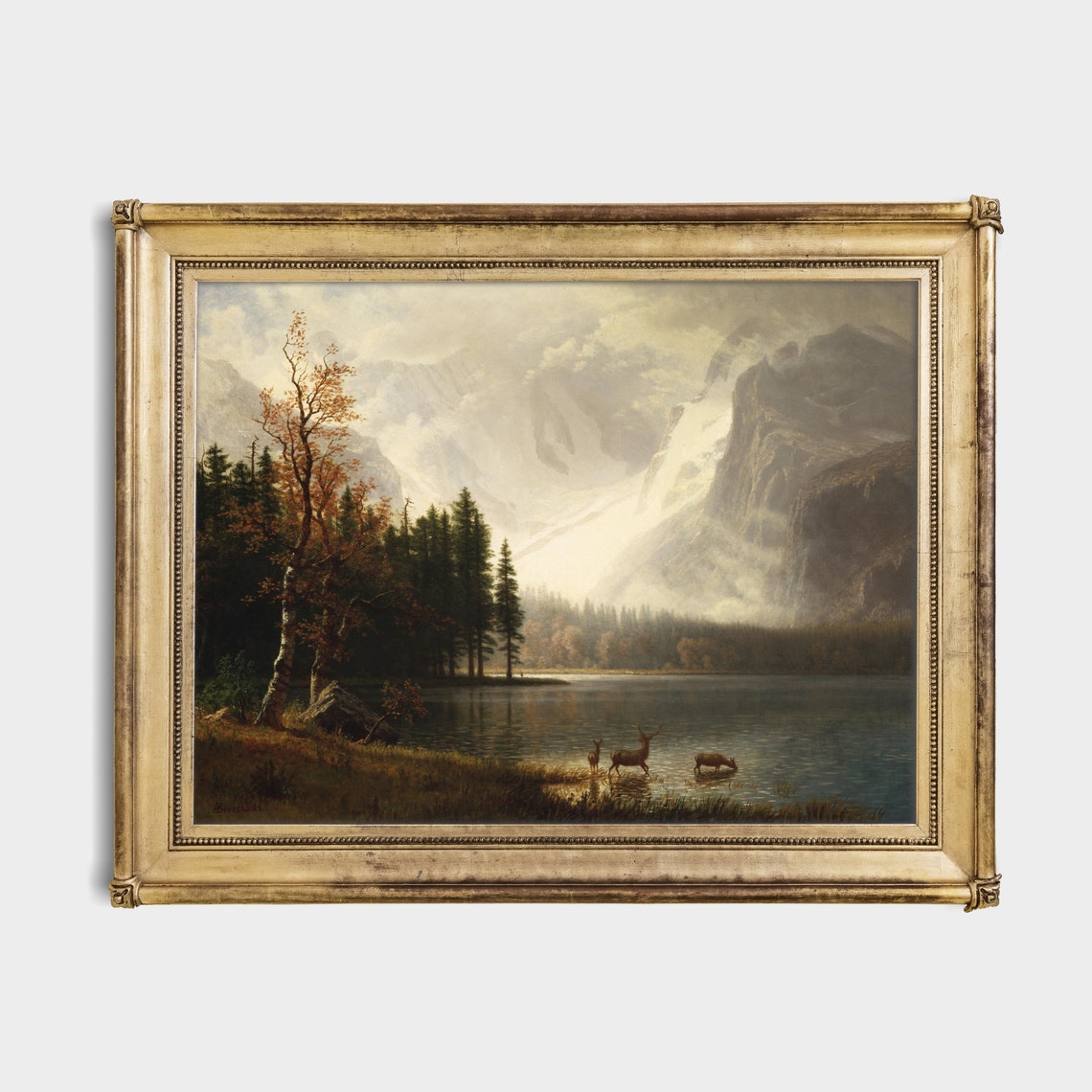 Deer At Misty Mountain Lake Dawn Cliffs Vintage Landscape Poster - Image 2