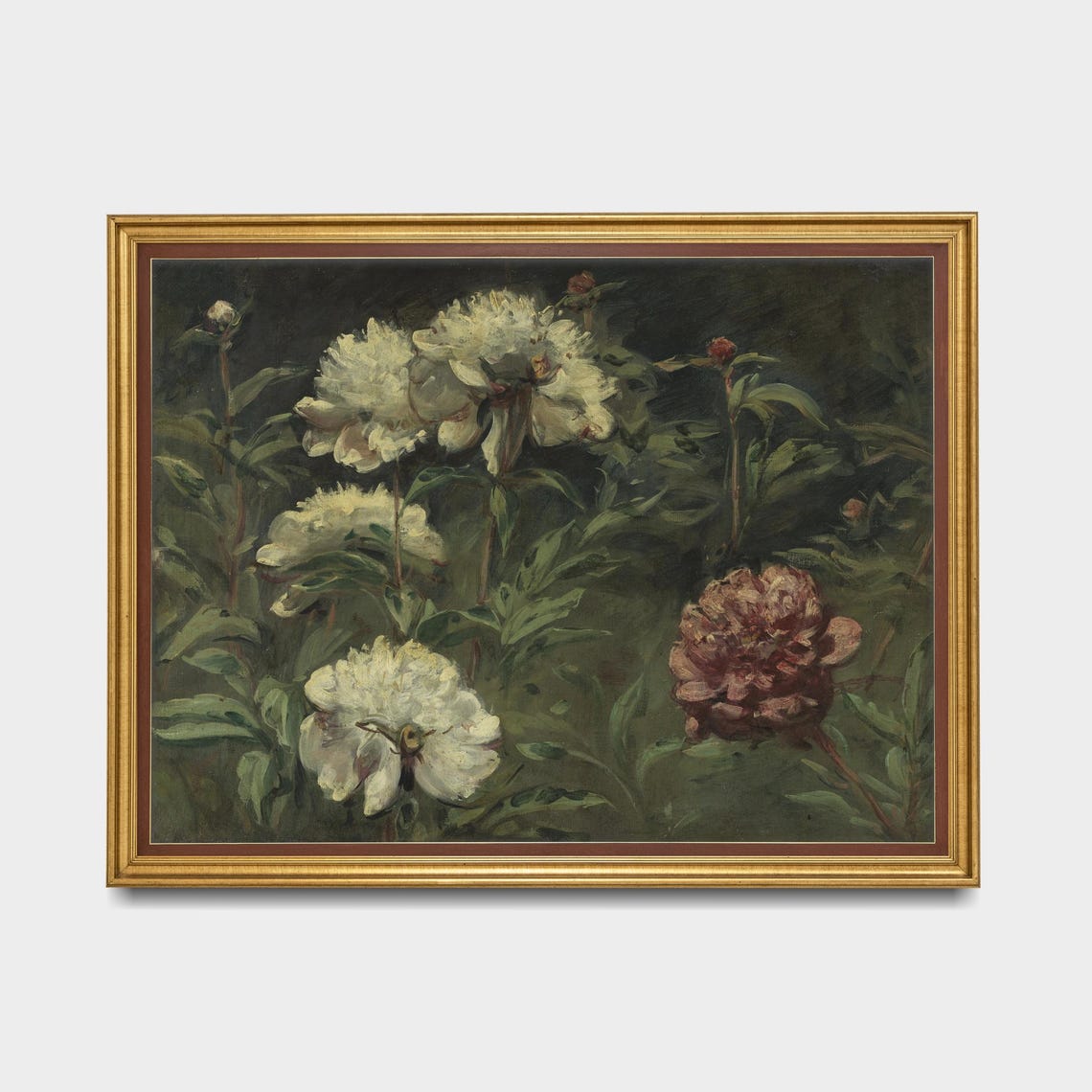 White and Red Peonies Garden Moody Vintage Floral Art Poster - Image 5