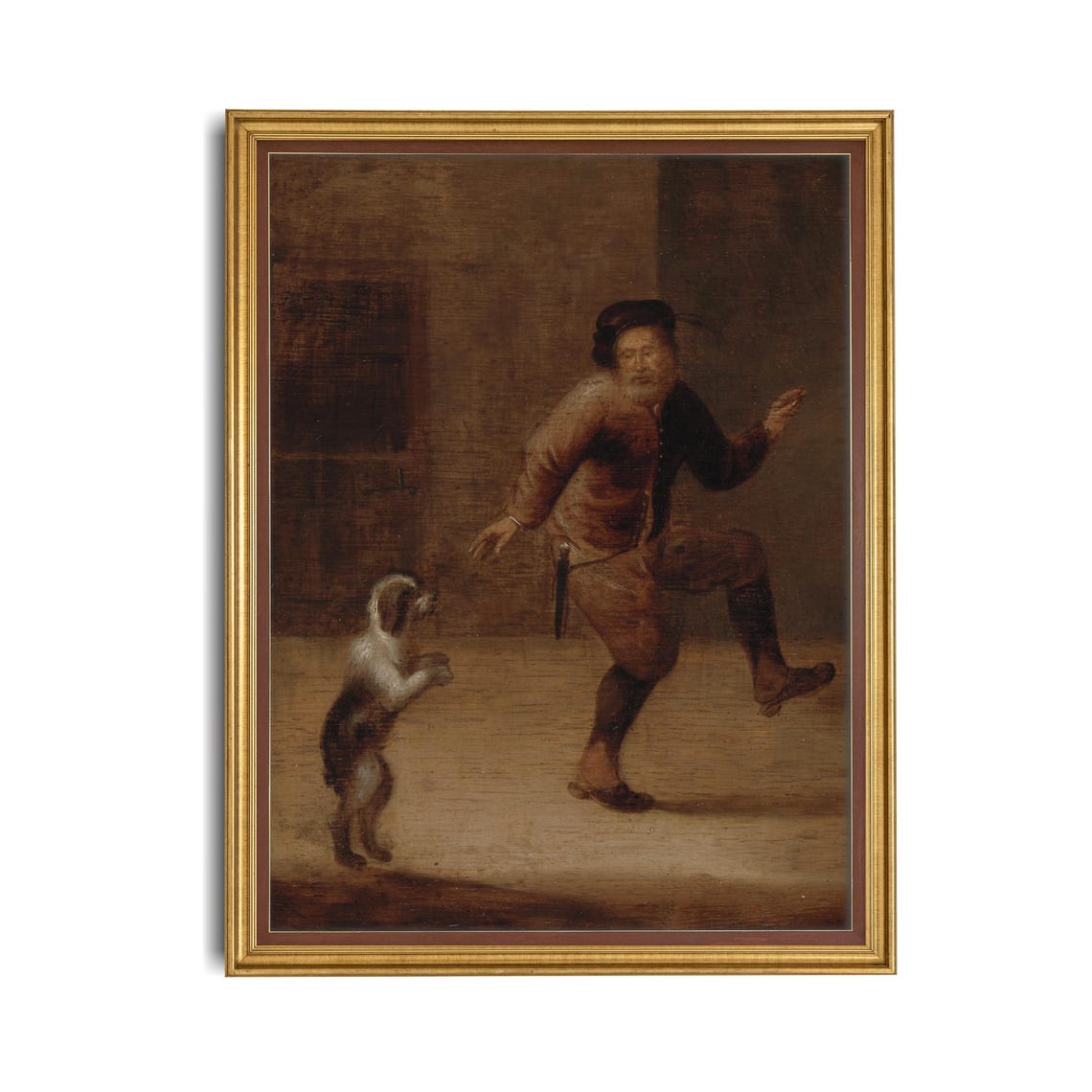 Old Master Man Dancing With Small Dog Dark Moody Genre Art Poster - Image 4