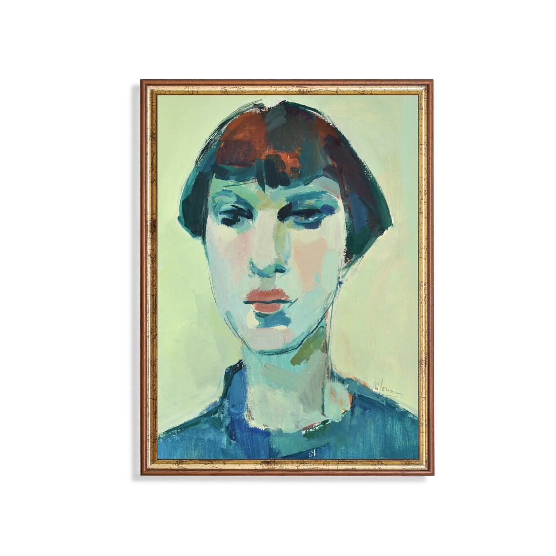 Teal Blue Portrait of a Young Woman Modern Expressionist Poster