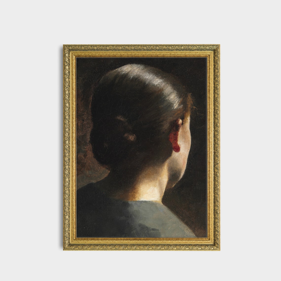 Back View Of Woman With Dark Bun And Red Earring Dark Portrait Poster - Image 3