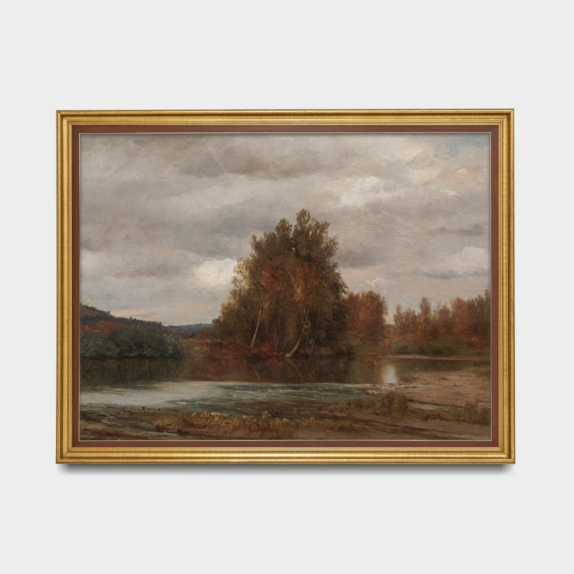 Moody Autumn River with Tree-Covered Island Fall Riverscape Poster - Image 2