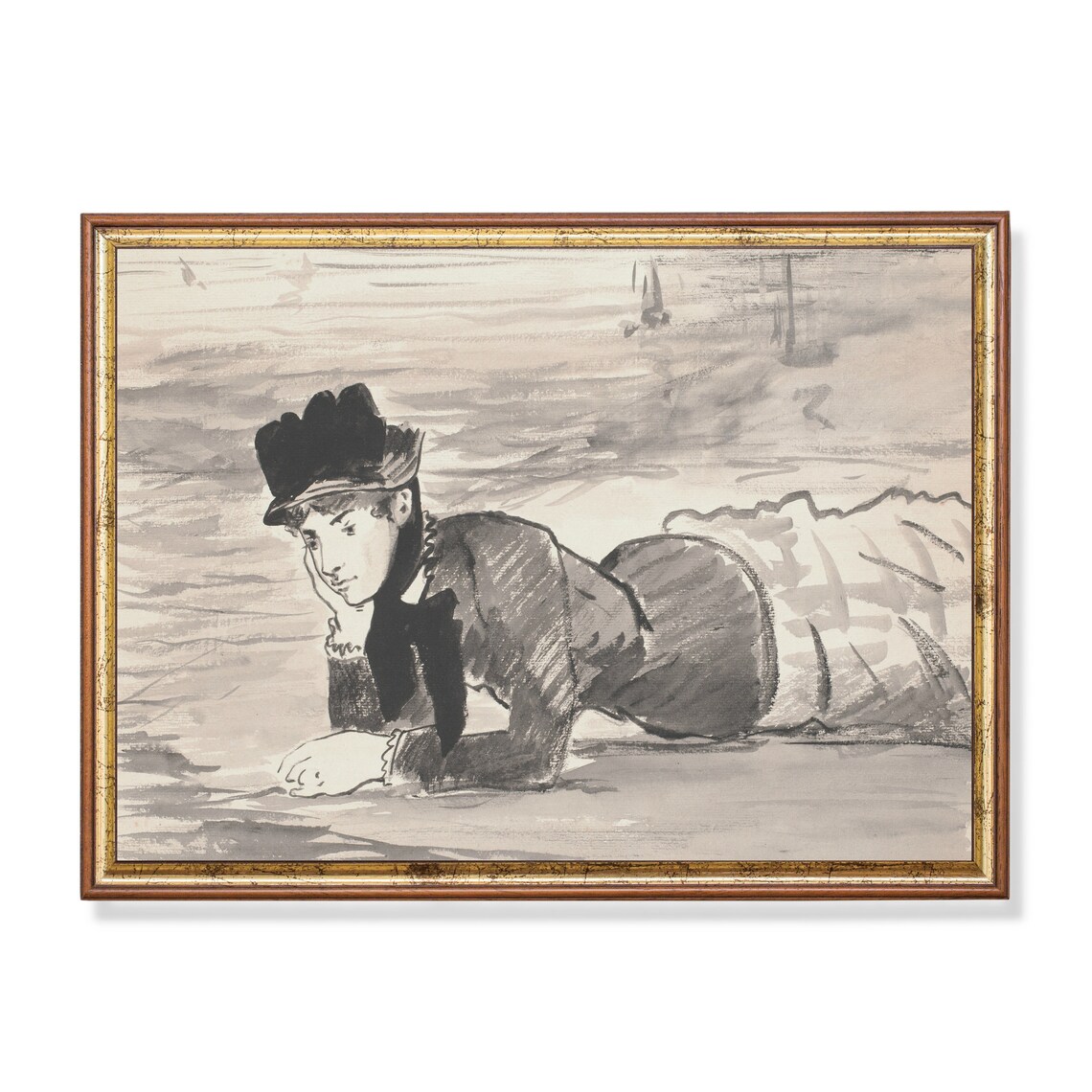 Elegant Woman in a Hat Reclining on a Beach Ink Wash Sketch Poster
