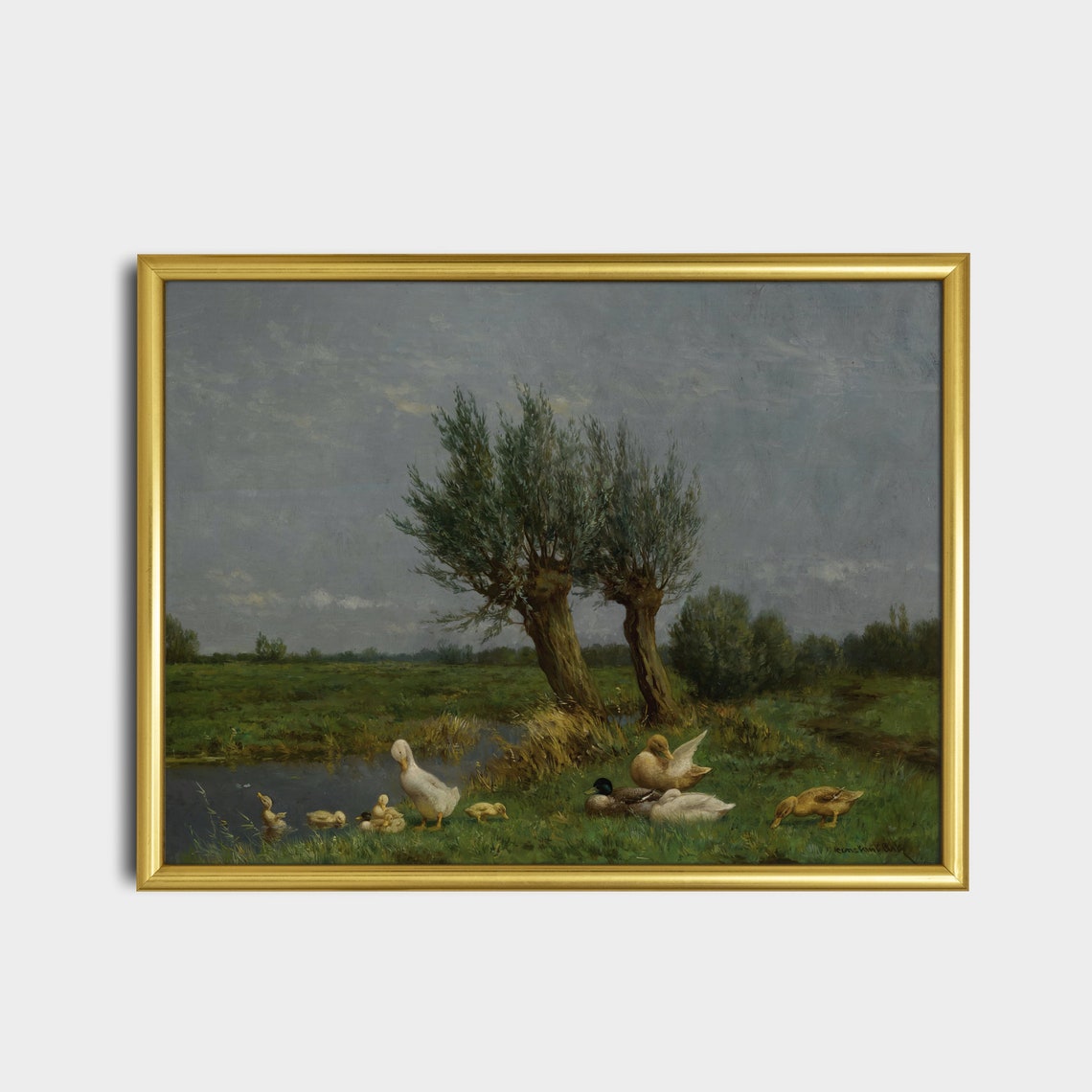 Duck with Ducklings by a Willow Lined Stream Farm Pond Painting Poster - Image 5