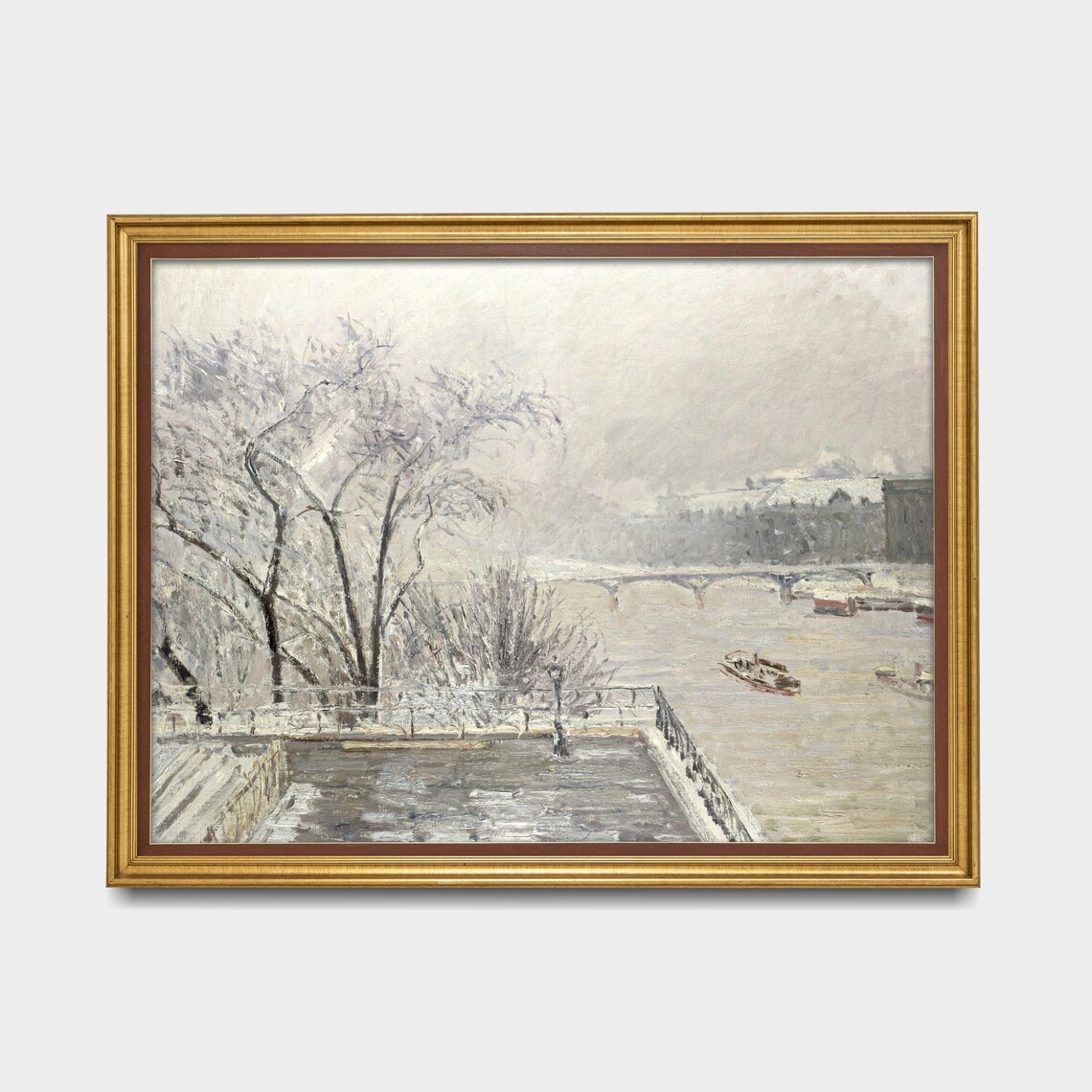 Winter River Cityscape with Boats and Bridge Vintage Painting Poster - Image 3