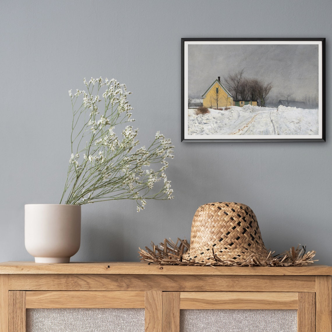 Vintage Wall Art Winter Landscape Snow Painting Foggy Cottage House Instant Antique Wall Art Farmhouse Christmas Decor - Image 3