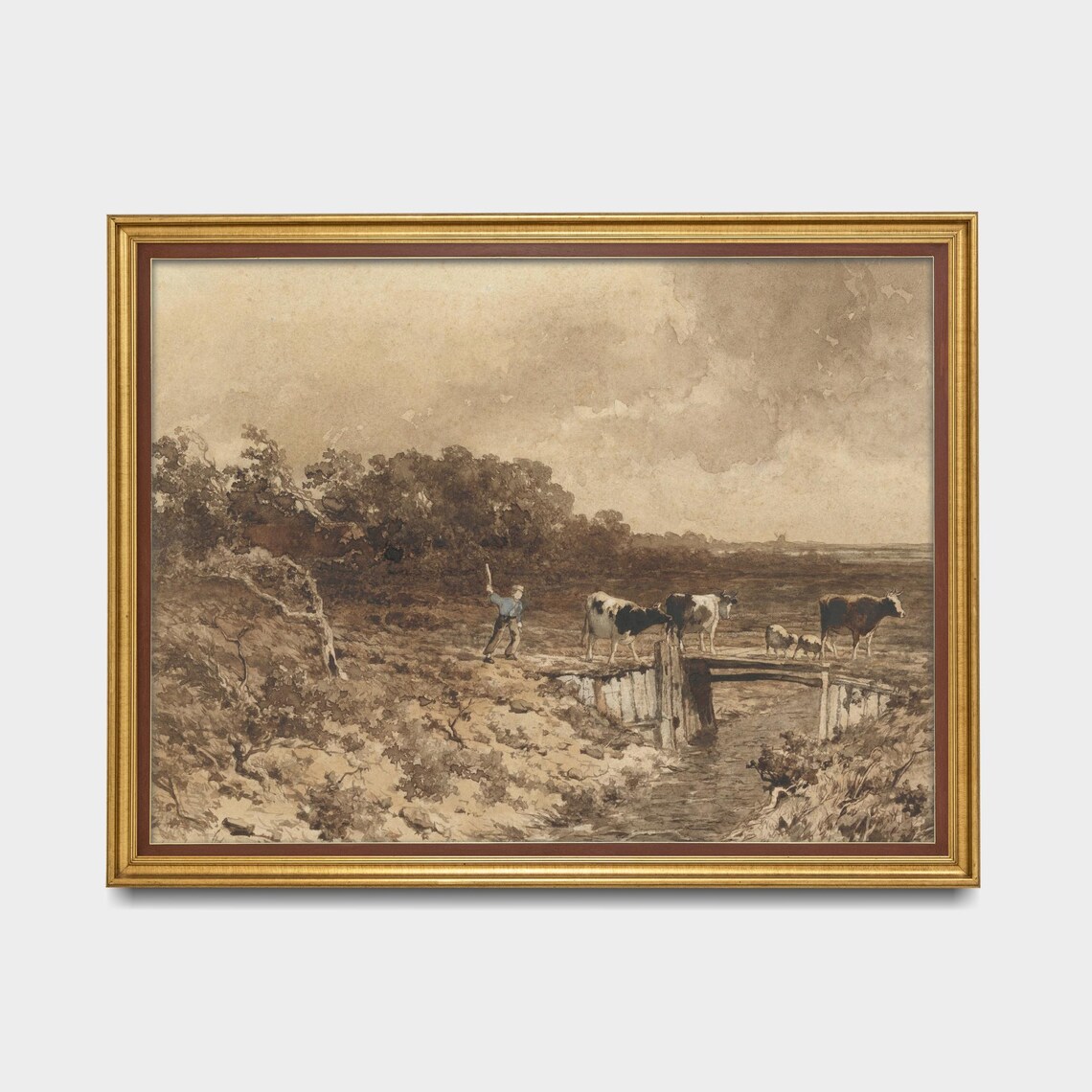 Boy Herding Cows Across Bridge Sepia Country Sketch Art Poster - Image 5