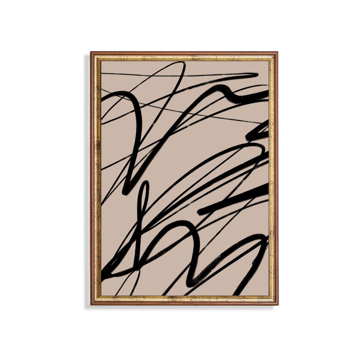 Gestural Black Brushstroke Abstract on Warm Taupe Modern Poster
