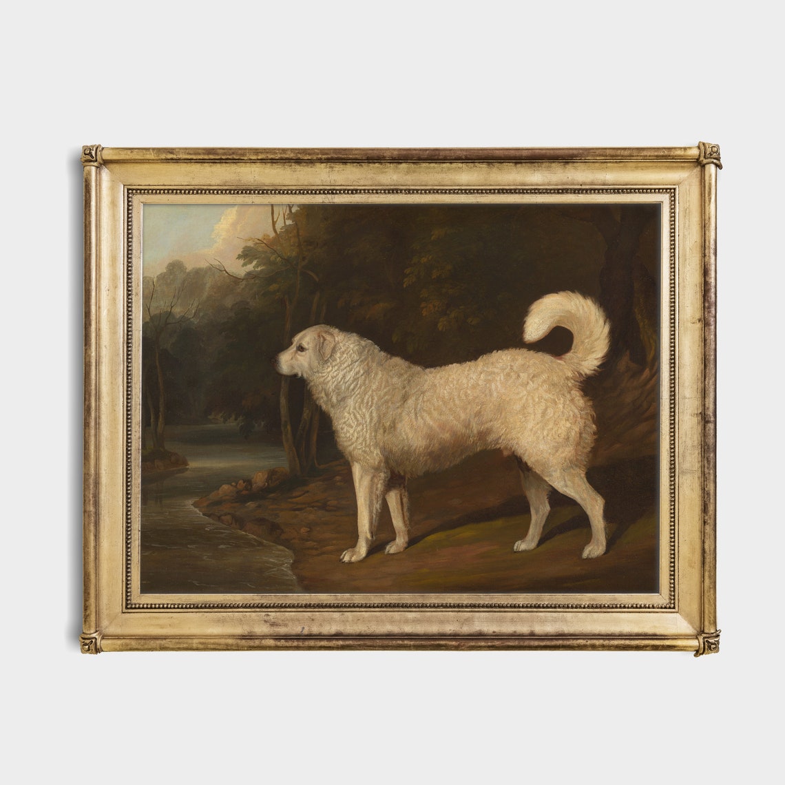 White Curly Coated Dog By River At Dusk Vintage Dog Painting Poster - Image 2