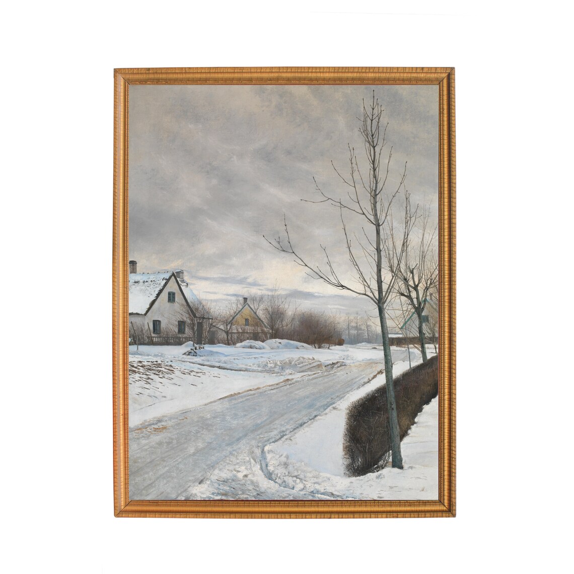 Snow Covered Village Street Cottages Beneath Grey Winter Sky Poster - Image 4