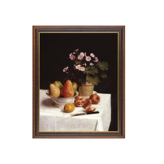 Printed And Shipped Vintage Wall Art Still Life With Pears And Pomegranates Antique Fruits And Flowers Painting Moody Rustic Print