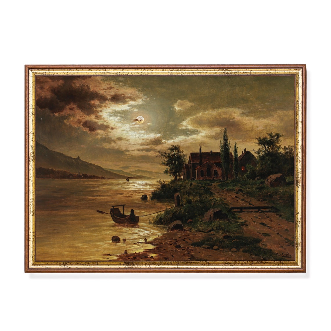 Moonlit River with a Cottage and Rowboat Nocturne Art Poster