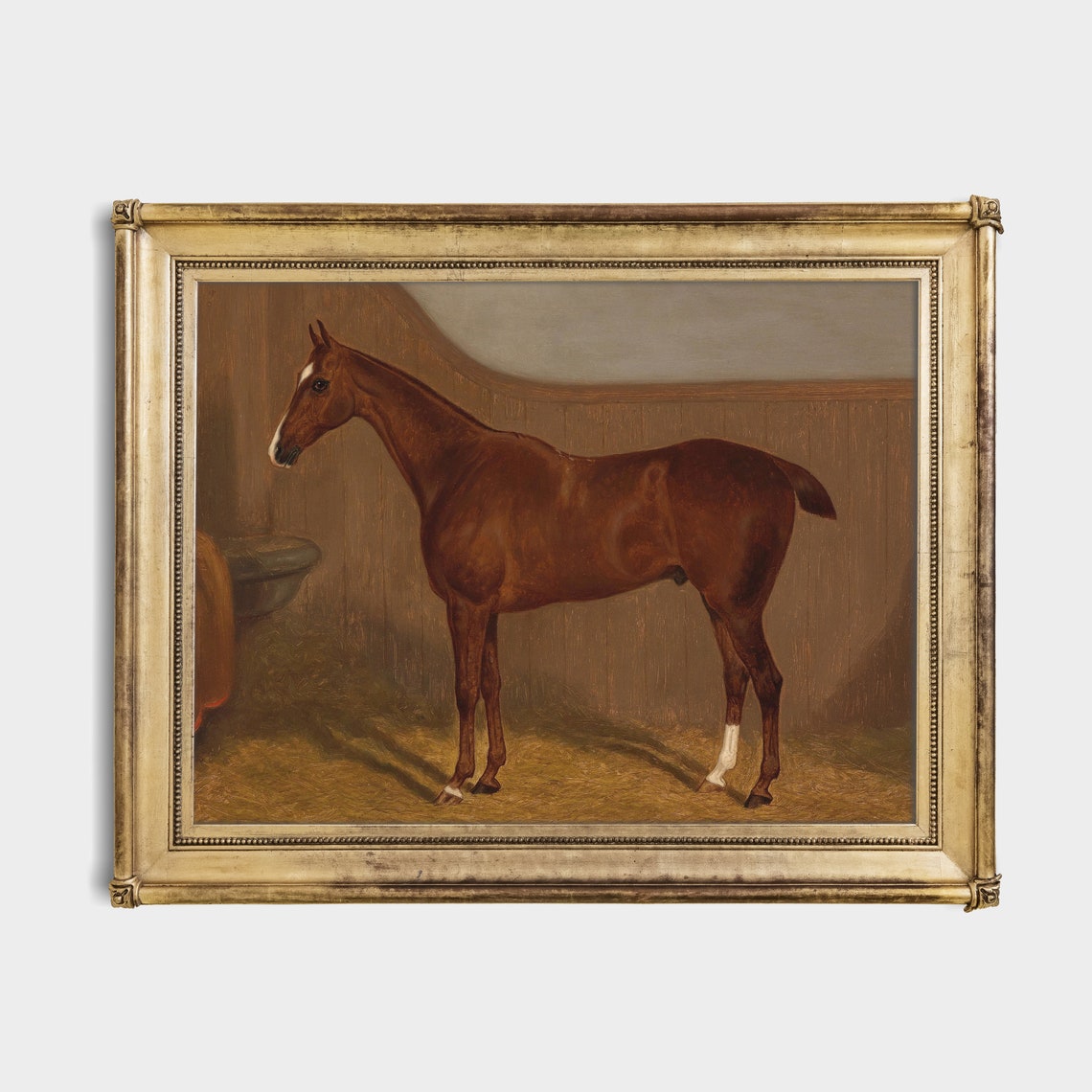 Chestnut Horse with White Blaze Unsaddled in Stable Vintage Poster - Image 2