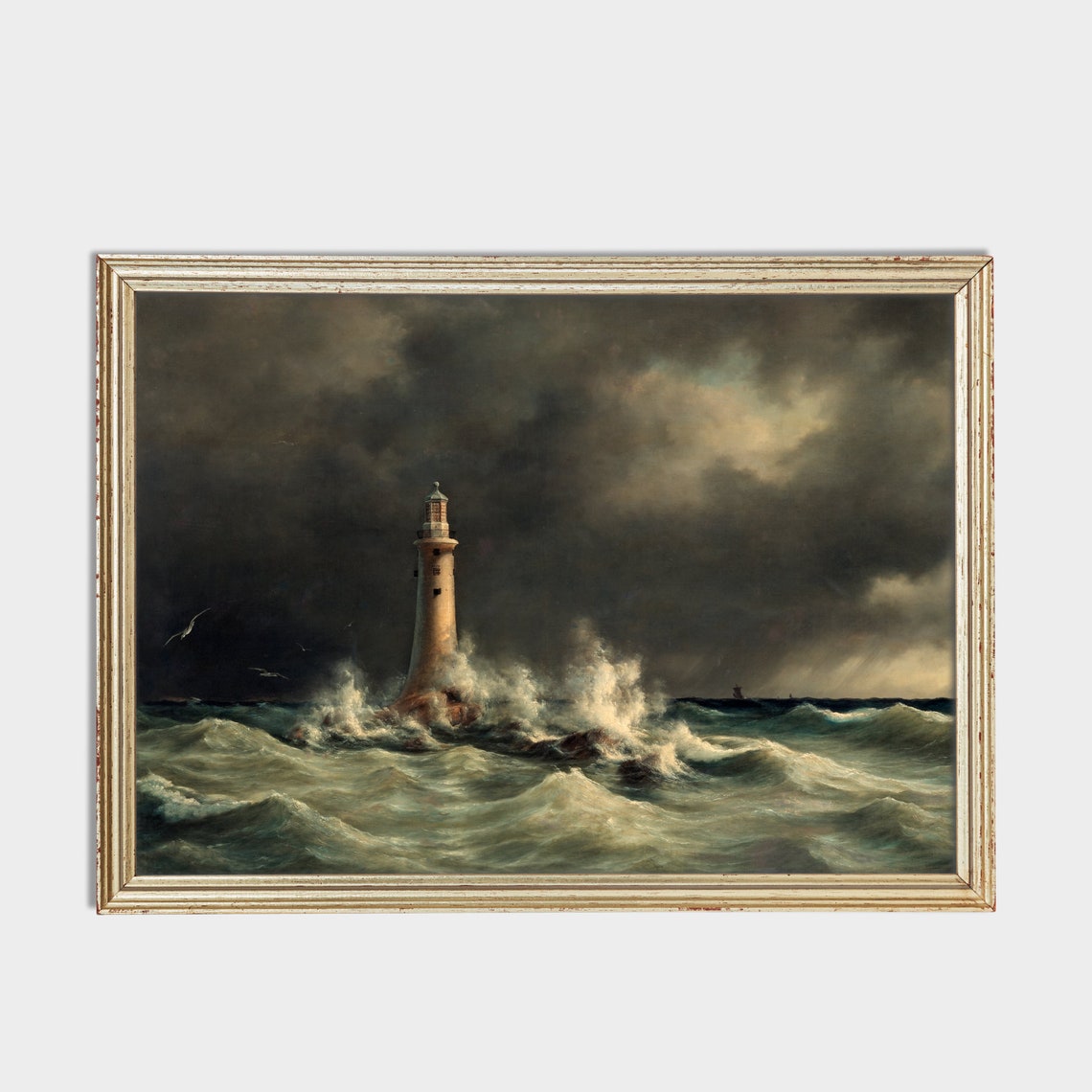 Stormy Seascape Lighthouse Seabirds Dramatic Waves Vintage Art Poster - Image 2