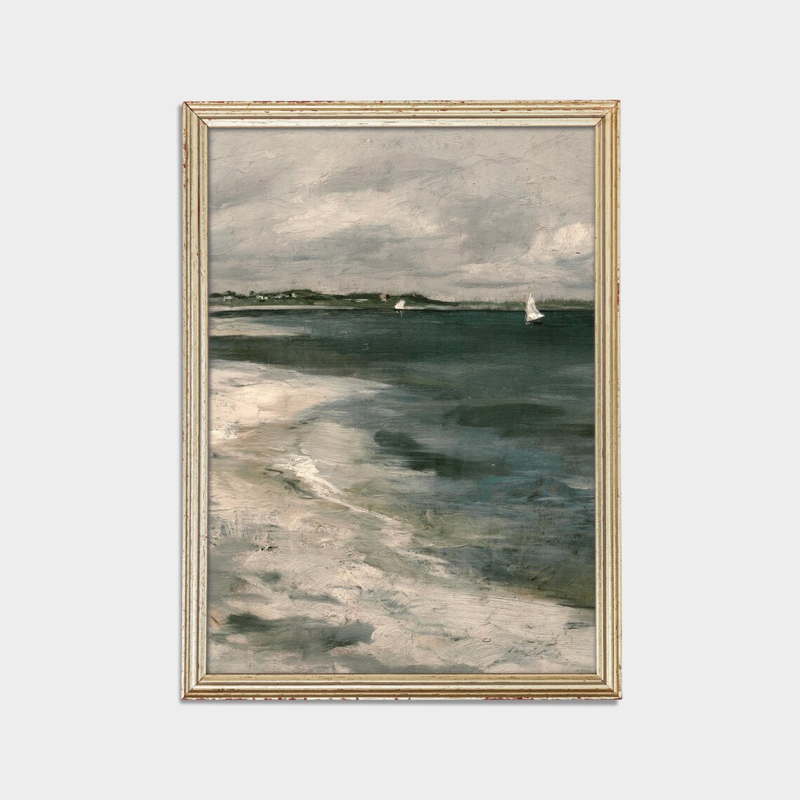 White Sailboats on a Gray Overcast Sea Coastal Painting Poster - Image 2