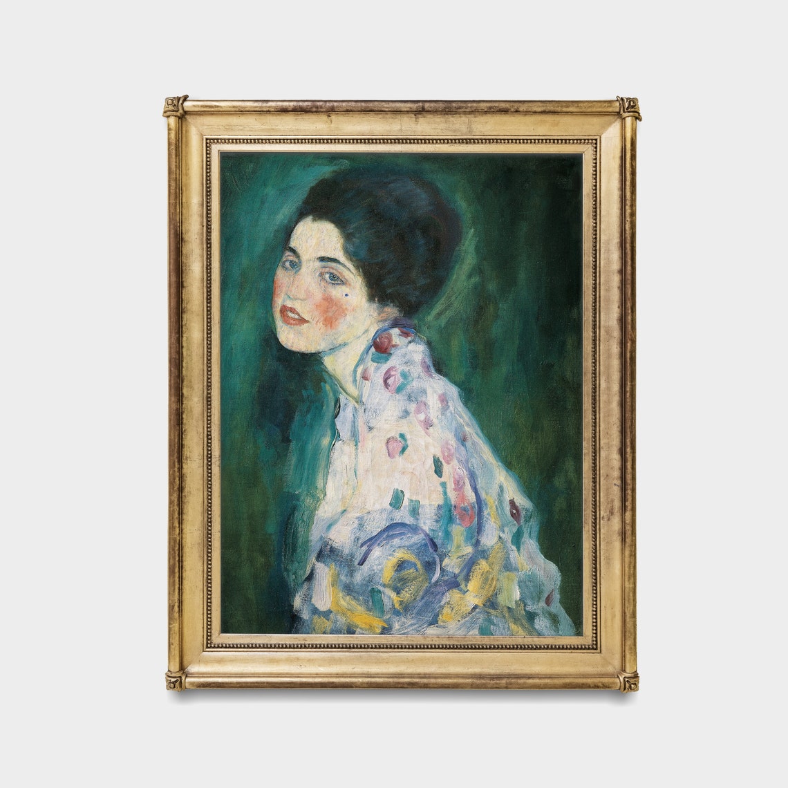 Woman in a Patterned Dress Against a Green Background Portrait Poster - Image 3