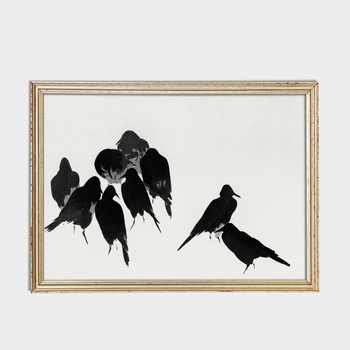 Japanese Ink Wash Painting of a Flock of Black Crows on White Poster - Image 4