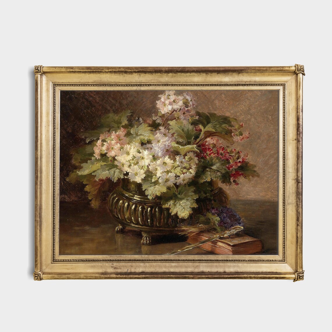 Primroses in Brass Jardiniere Antique Books Vintage Floral Art Poster - Image 3