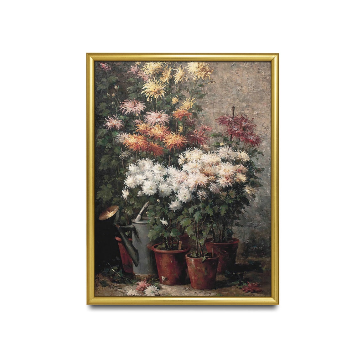 Potted Chrysanthemums with Watering Can Autumn Garden Floral Poster