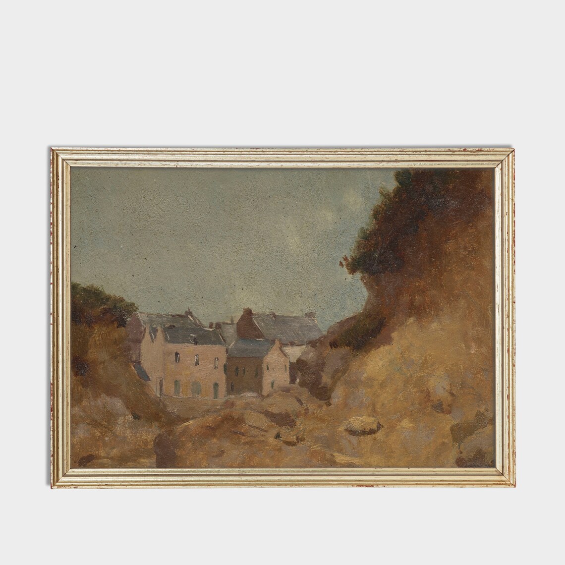Coastal Cottages Among Cliffs in Warm Ochre Tones Vintage Poster - Image 3