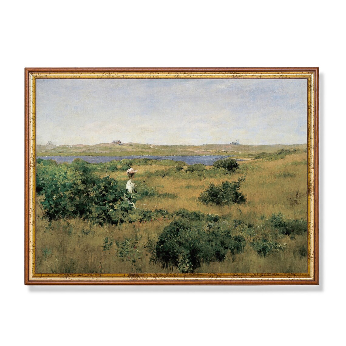Vintage Woman Walking in Golden Meadow By The Lake Art Poster