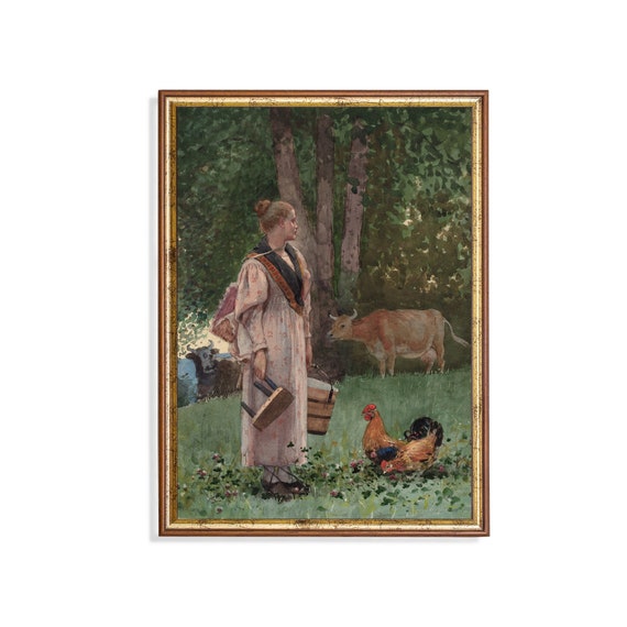 Mailed Print Vintage Portrait Painting Antique Woman With Farm Animals Print And Ship Moody Rustic Print 18th Century Fine Art