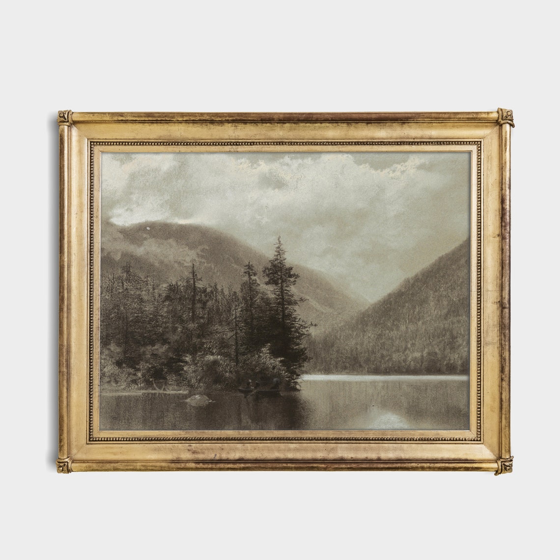 Misty Sepia Lake Pines Canoe Vintage Nature Landscape Sketch Poster - Image 3