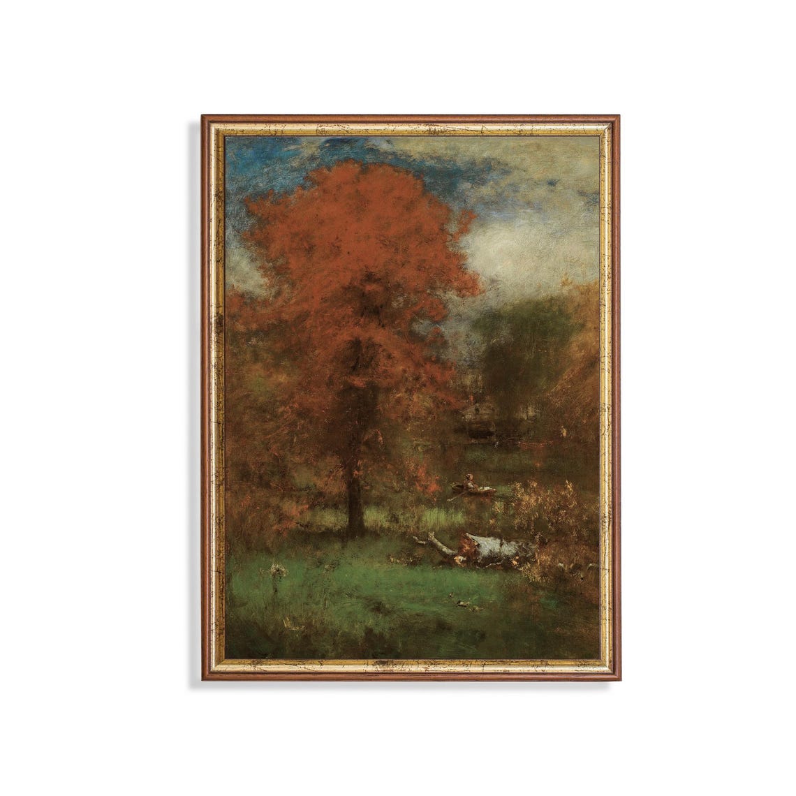 Fiery Red Tree by a Quiet Stream Tonalist Autumn Painting Poster