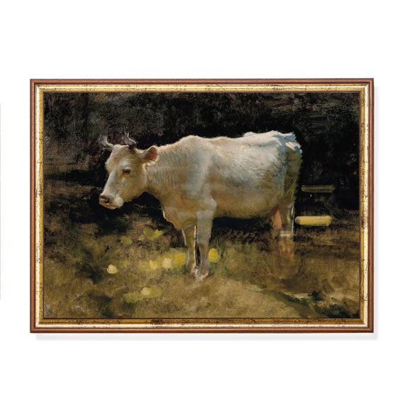 Mailed Print Vintage Cow Painting Antique Animal Print Moody Rustic Wall Decor Farmhouse Country Decor Printed And Shipped
